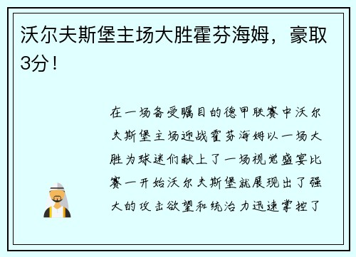 沃尔夫斯堡主场大胜霍芬海姆，豪取3分！