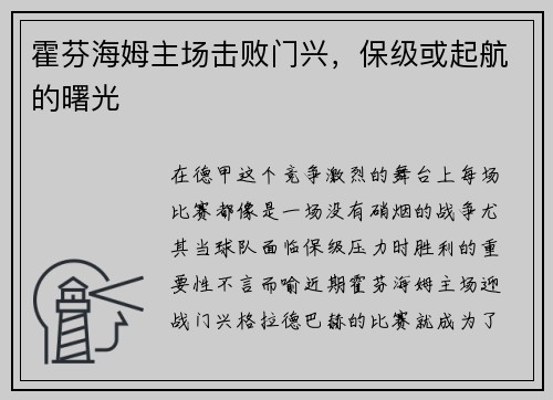 霍芬海姆主场击败门兴，保级或起航的曙光